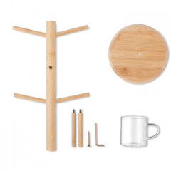Set of bamboo cup holder including 6 borosilicate glass cups