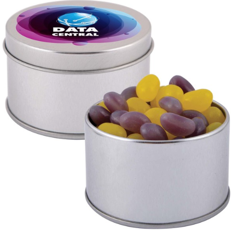 Corporate Colour Mini Jelly Beans in Silver Round Tin