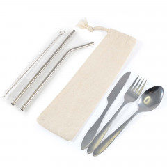 Banquet Stainless Steel Cutlery & Straw Set in Calico Pouch