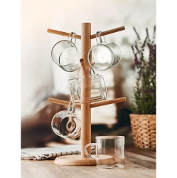 Set of bamboo cup holder including 6 borosilicate glass cups