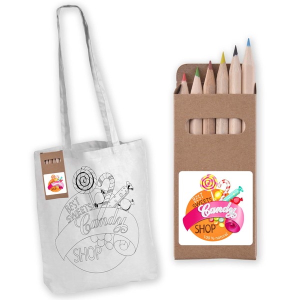 Colouring Long Handle Cotton Bag & Pencils | Branded Bag & Pencils | Printed Bag & Pencils NZ | Logoline | Withers & Co