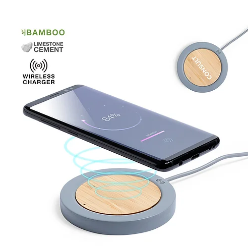 Limestone Cement/ Bamboo Wireless Charger | Wireless Chargers | Custom Portable Charger | Customised Gifts NZ | Corporate Gifts | Custom Merchandise | Merchandise | Promotional Products NZ | Branded merchandise NZ | Branded Merch | Personalised Merch