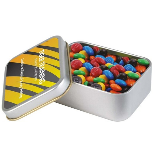 M&M's in Silver Rectangular Tin | Confectionery Manufacturers NZ | Custom Merchandise | Merchandise | Customised Gifts NZ | Corporate Gifts | Promotional Products NZ | Branded merchandise NZ | Branded Merch | Personalised Merchandise | Custom Promotional 