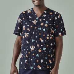 Mens Printed Space Party Scrub Top