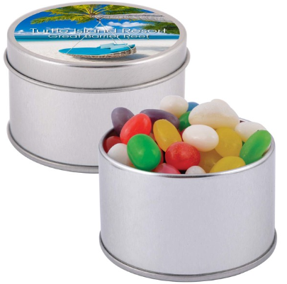 Assorted Colour Mini Jelly Beans in Silver Round Tin | Custom Merchandise | Merchandise | Customised Gifts NZ | Corporate Gifts | Promotional Products NZ | Branded merchandise NZ | Branded Merch | Personalised Merchandise | Custom Promotional Products | 