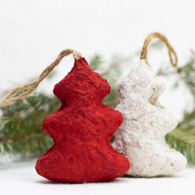 Set of 4 Elephant POOPOOPAPER Ornaments - Trees (Red+White)